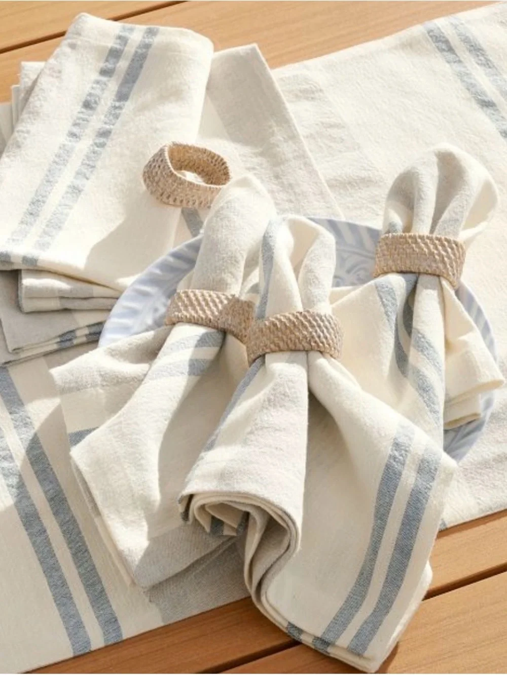 Pottery Barn Cream and Light Blue Striped Cotton Napkins - Set of 4